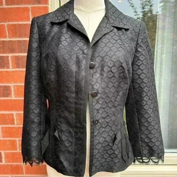 Stunning Kay Unger Black Blazer Lightweight  Fall Lace Bows - Picture 8 of 14
